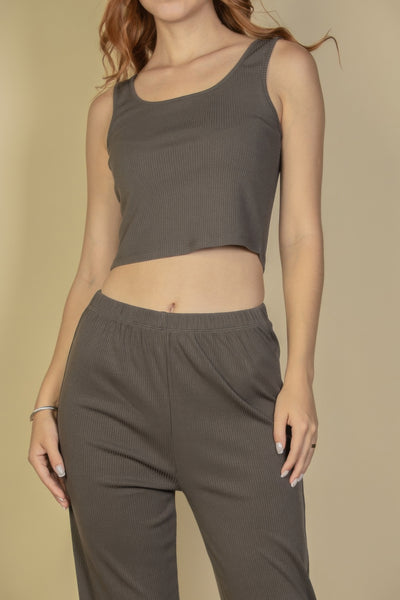 Flat Back Rib 3 Pieces Cami Top With Pants And Long Cardigan Set