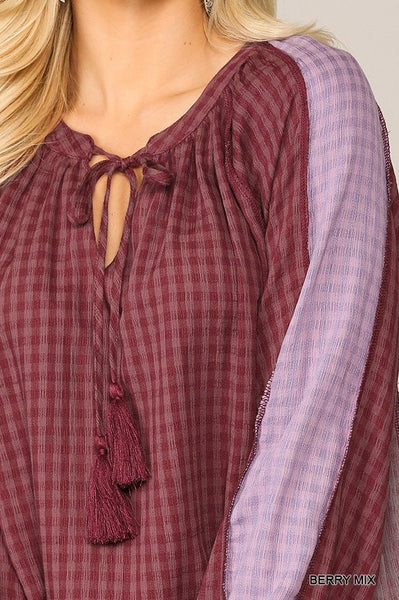 Textured Color Mixed Tassel Tie Peasant Top With Reverse Stitch Detail