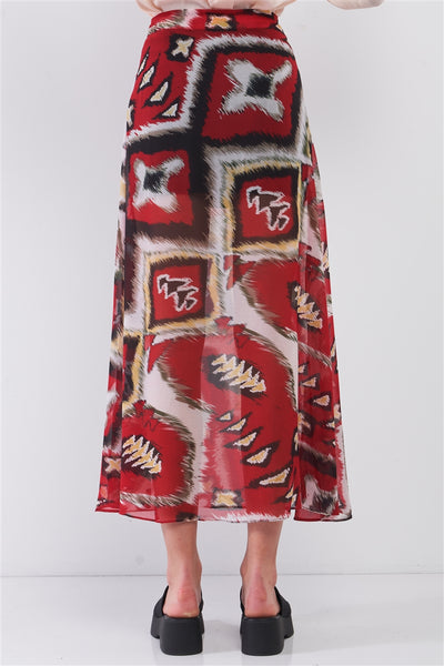 Red & Multi Vintage Graphic Print High-waisted Two Front Slits Maxi Skirt