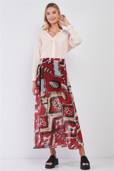 Red & Multi Vintage Graphic Print High-waisted Two Front Slits Maxi Skirt