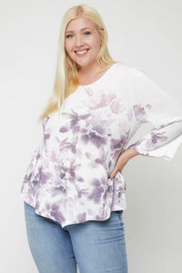 Print Top Featuring A Round Neckline And 3/4 Bell Sleeves