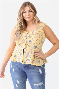 Plus Floral Button-up Sleeveless Flare Hem Top
