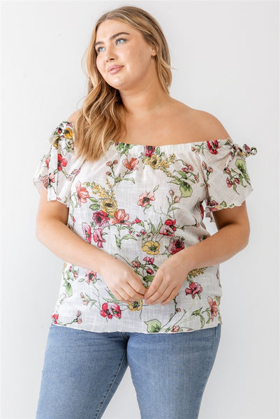 Plus Ivory Floral Print Woven Linen Blend Off-the-shoulder Relax Top